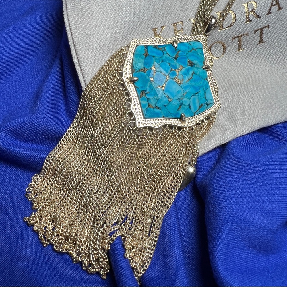 Kendra Scott long adjustable turquoise gold fringe statement necklace